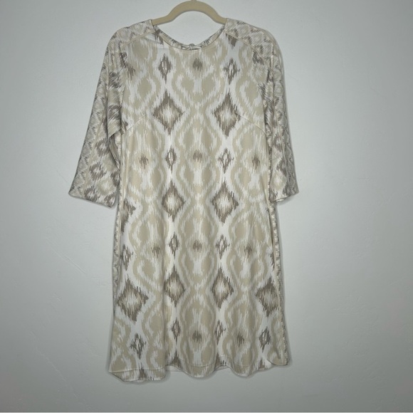 Gretchen Scott Beige Tan White Ikat Print Knee Length Dress Size Medium - Picture 1 of 14